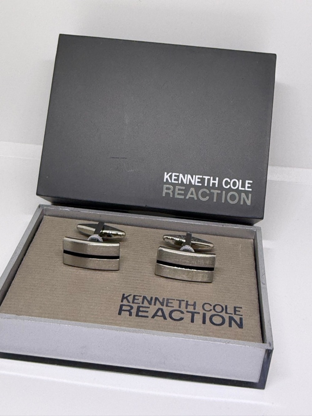 Kenneth Cole Silver Rectangular Cufflinks with Black Stripe
